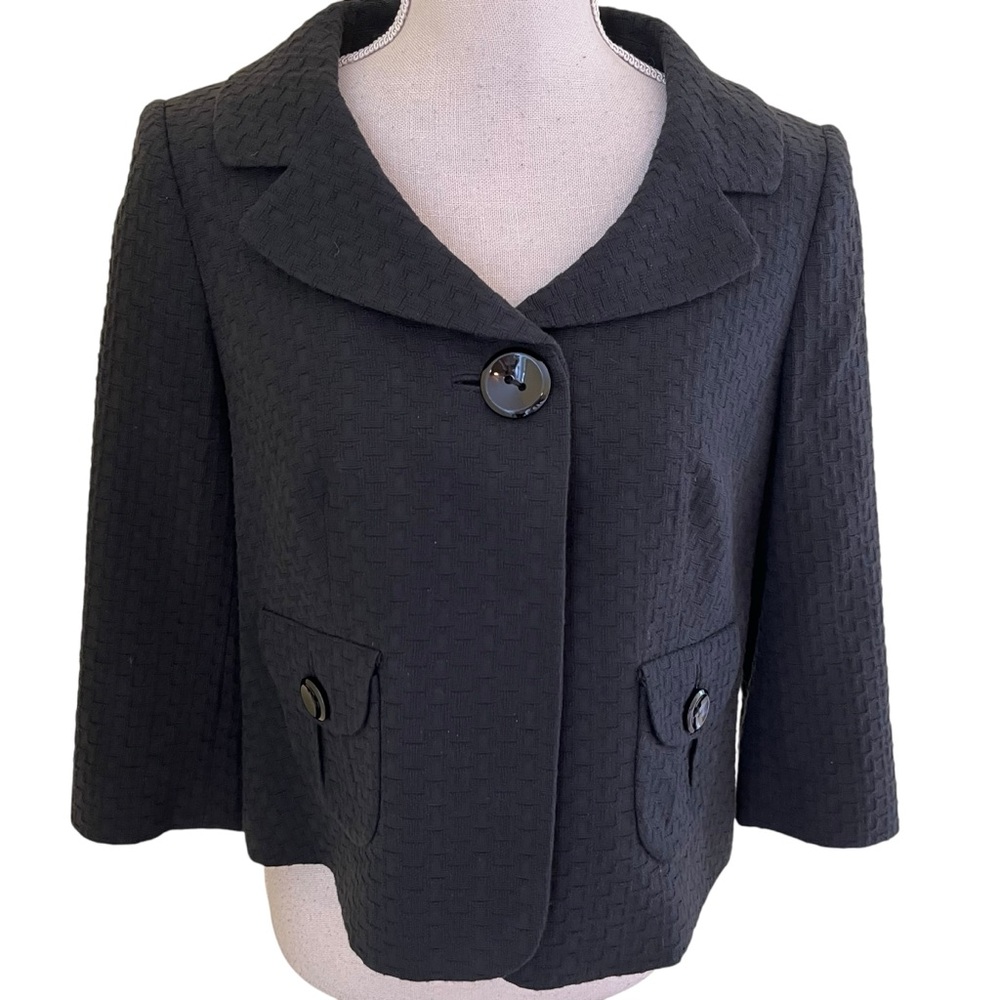 Ann Taylor Black Woven Portrait Collar Cropped 3/4 Sleeve Swing Jacket 2